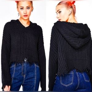 WILDFOX Black Marley Cropped Knit Hoodie Sweater Frayed Hem Destroyed Distressed